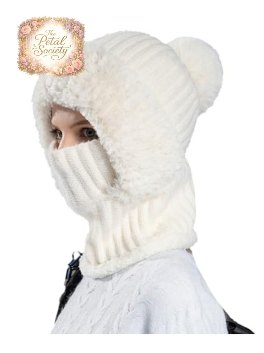 Fleece Lined Knit Beanie Hat Scarf Mask Set Pompom Winter Cap